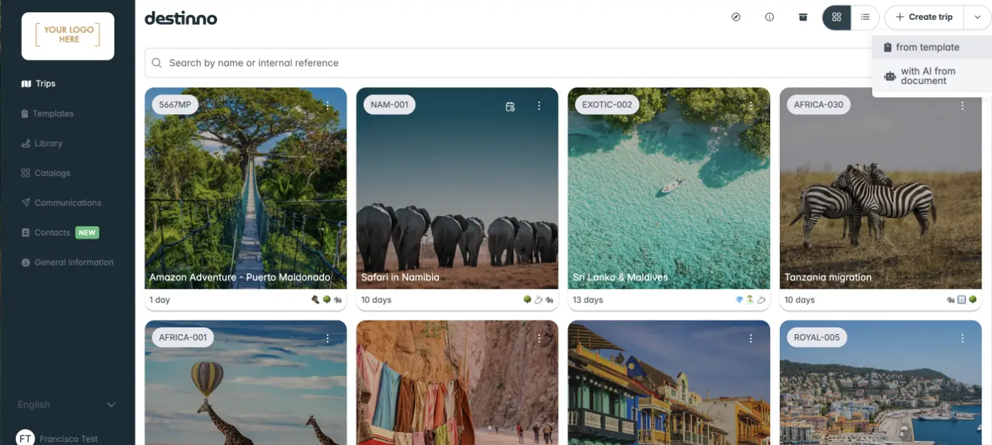 Destinno trip builder dashboard